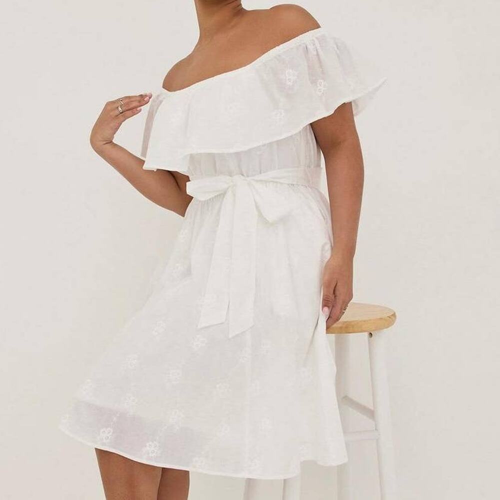 Torrid 1 (1X) New Off Shoulder Challis Floral Embroidery Tie Waist Skater Dress
